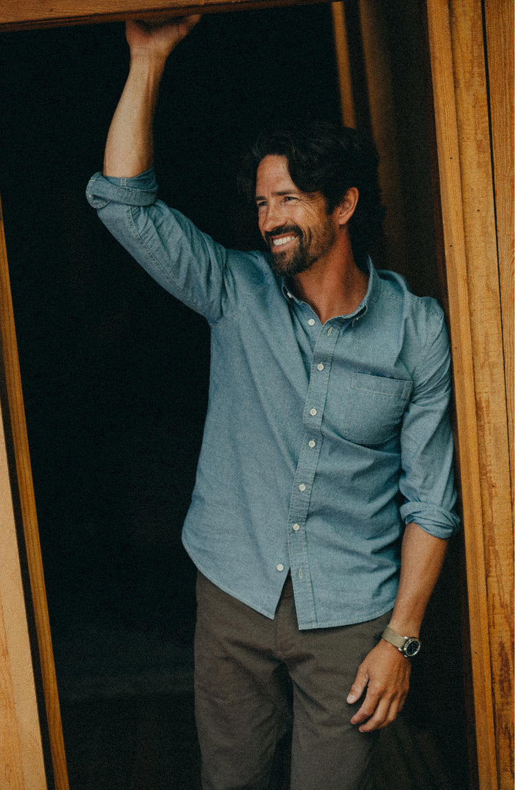 fit model posing in The Jack in Washed Indigo Chambray