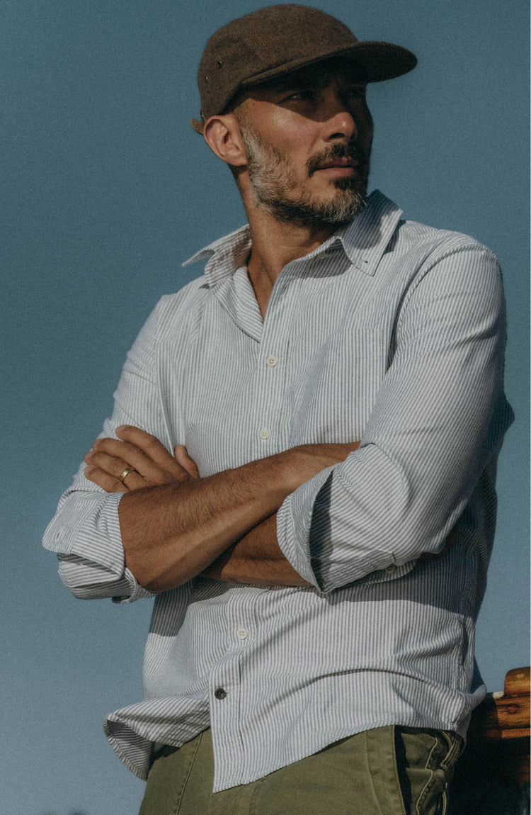 fit model posing in The Jack in Navy University Stripe Everyday Oxford