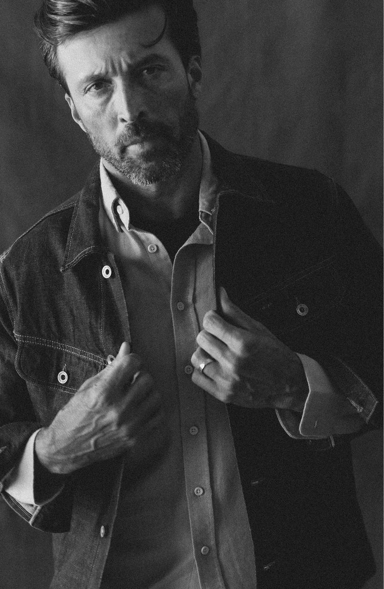 editorial image of The Long Haul Jacket in Rinsed Organic Selvedge hanging