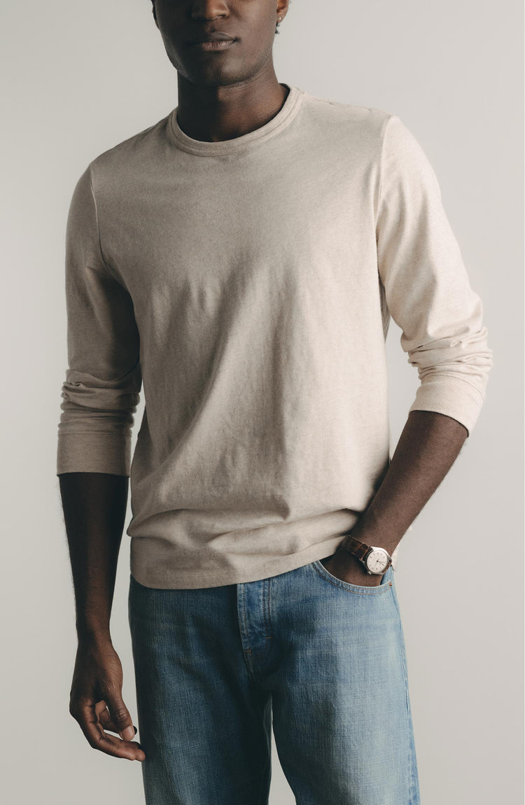 editorial flatlay of The Organic Cotton Long Sleeve Tee in Heather Oat