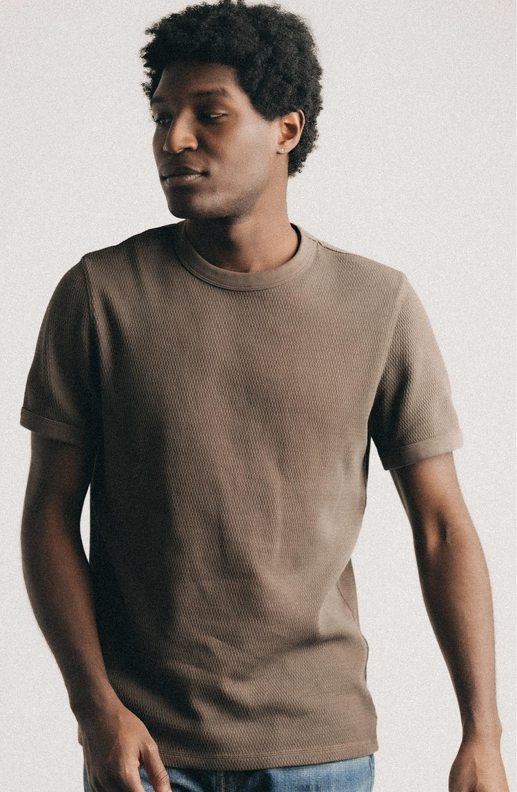 fit model in The Organic Cotton Waffle Short Sleeve Crew in Fatigue Olive