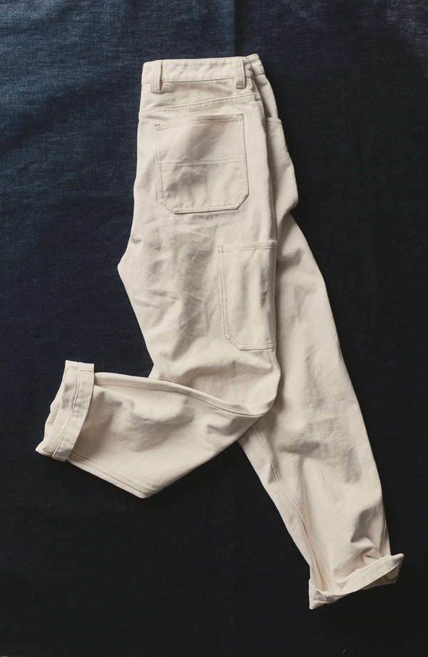 fit model showing off The Painter Pant in Seeded Natural Chipped Canvas