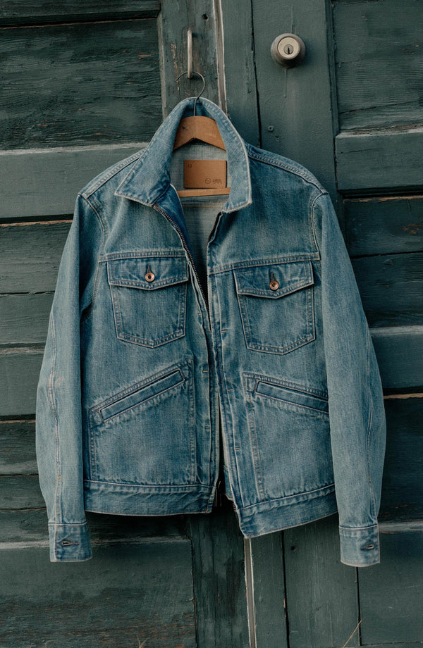 editorial image of The Roper Jacket in Vintage Wash Organic Selvedge hanging
