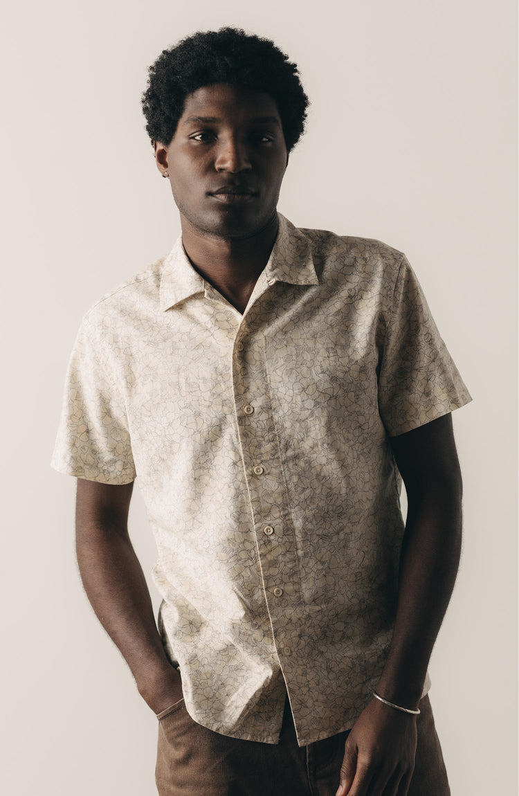 fit model posing in The Davis Shirt in Grey Skies Floral