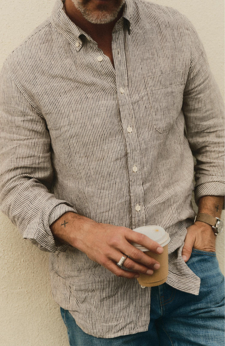 fit model posing in The Jack in Burgundy University Stripe Linen
