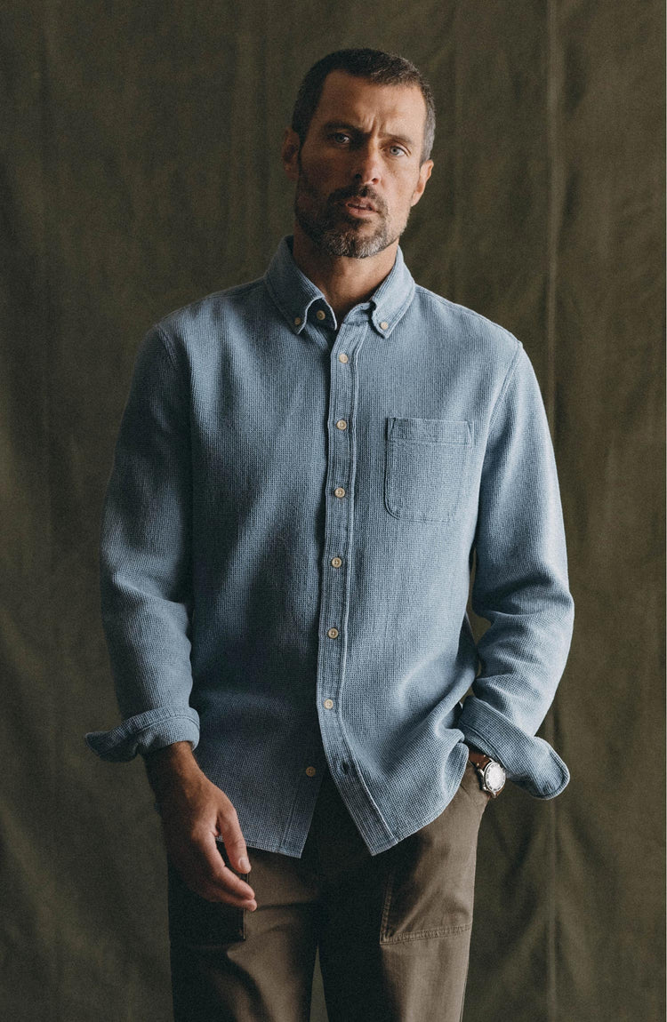 fit model posing in The Jack in Washed Indigo Waffle