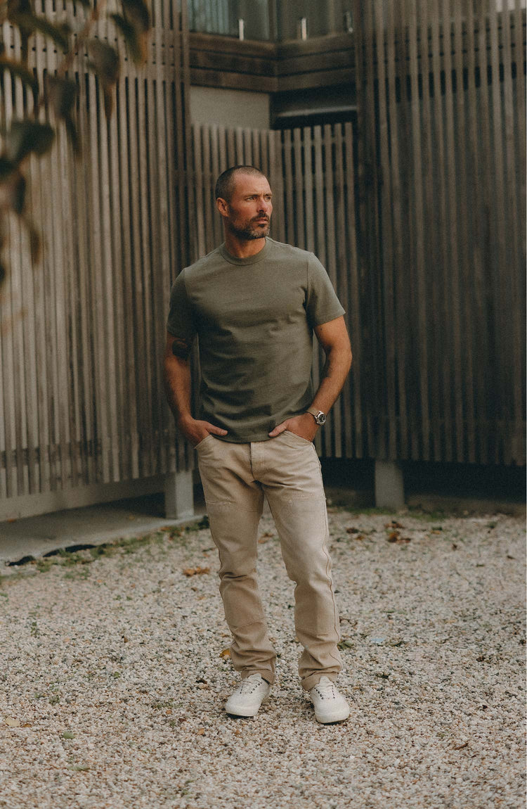 fit model posing in The Organic Cotton Shop Tee in Army Twist