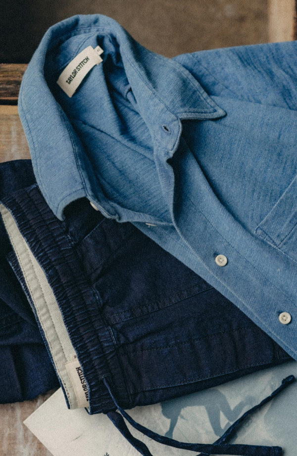 editorial flatlay of the collar on The Short Sleeve California in Washed Indigo Slub