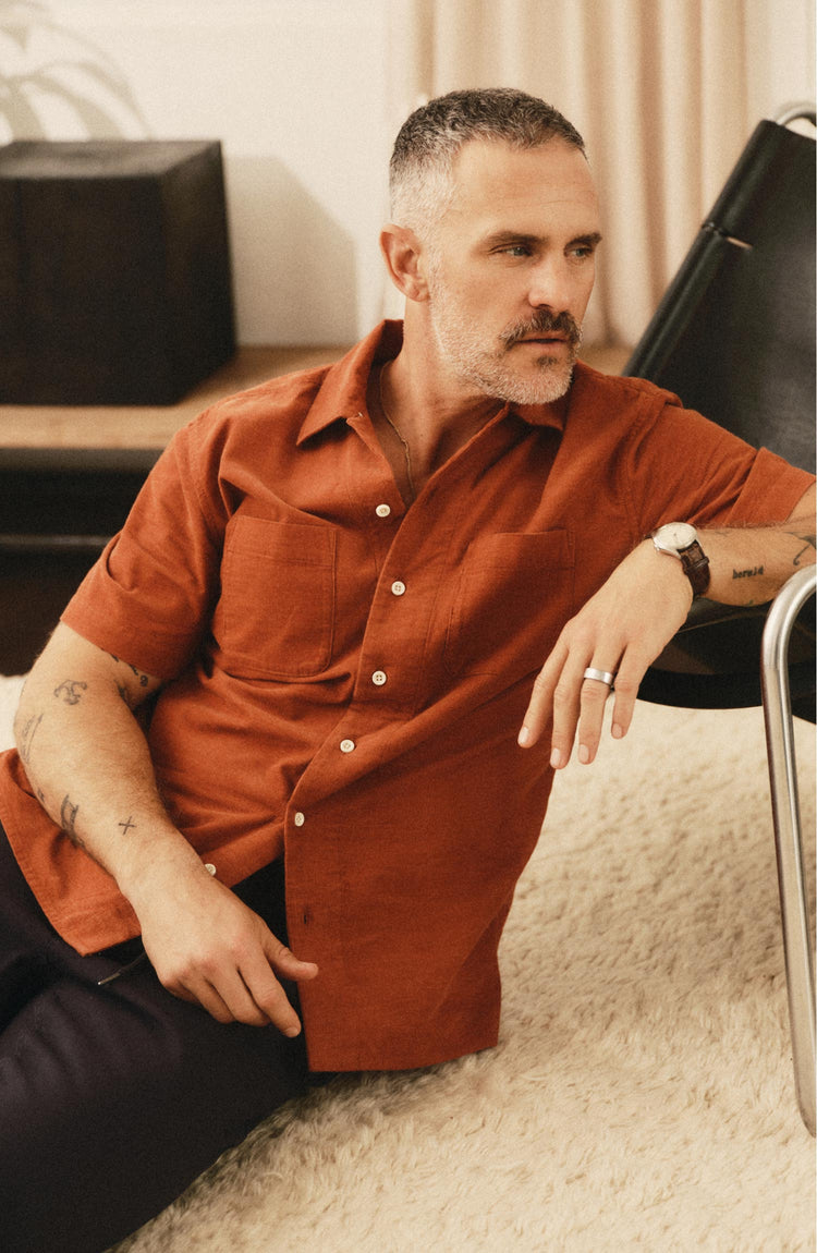 fit model posing in The Conrad Shirt in Heather Chili Pincord
