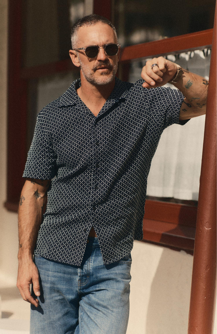 fit model posing in The Davis Shirt in Indigo Raindrop Sashiko