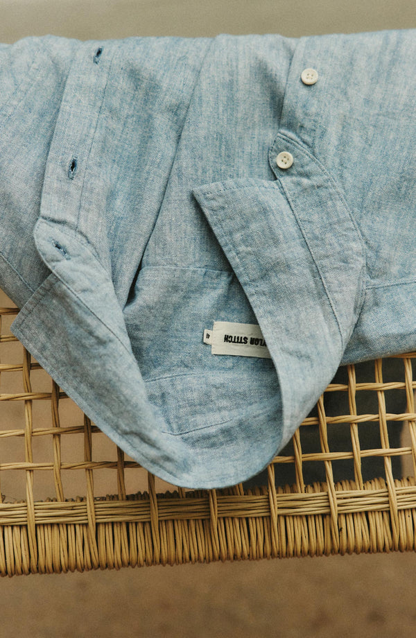 editorial image of The Short Sleeve California in Sky Hemp on a chair