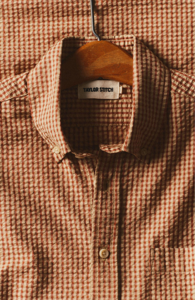 editorial image of The Short Sleeve Jack in Brick Check Seersucker