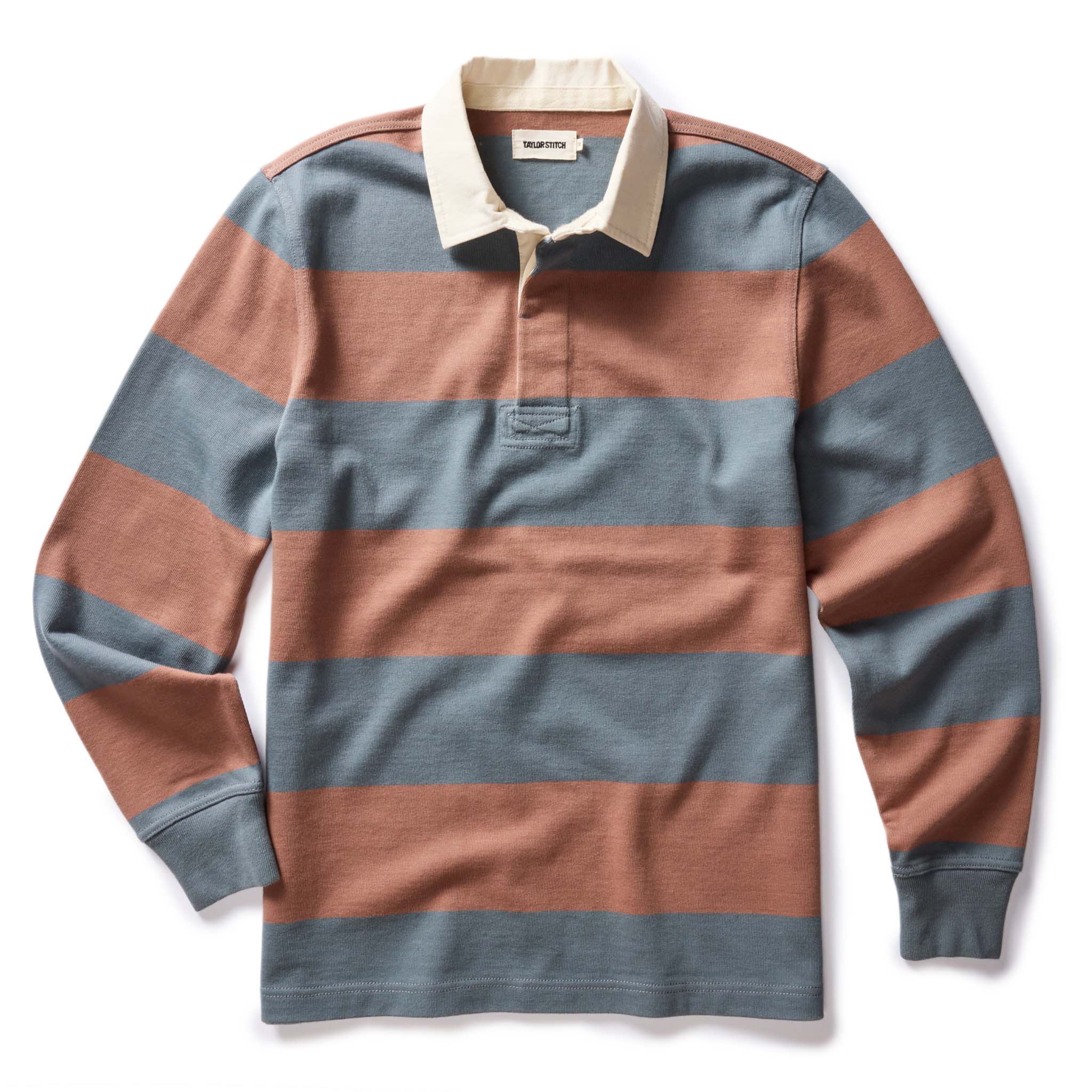 flatlay of The Rugby Shirt in Faded Brick Stripe, Knits by Taylor Stitch
