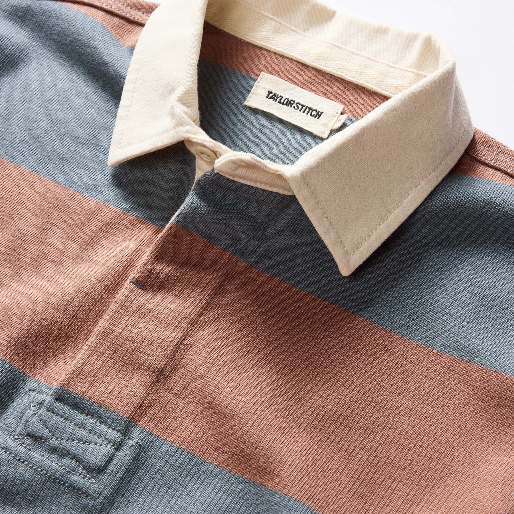 material shot of the collar on The Rugby Shirt in Faded Brick Stripe, Knits by Taylor Stitch