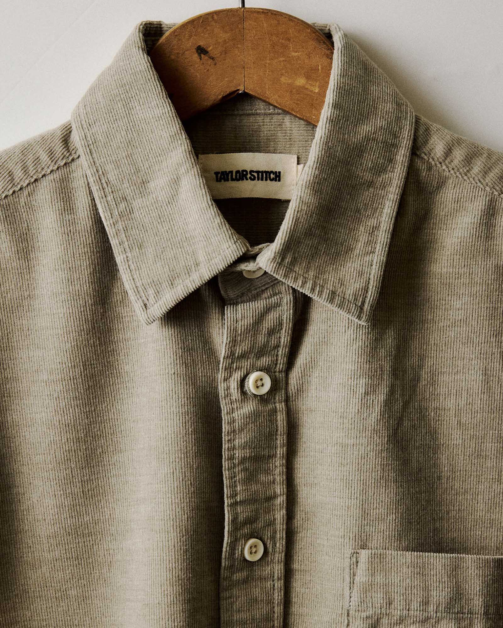 material shot of the buttons on The Short Sleeve California in Heather Moss Cord, Wovens by Taylor Stitch