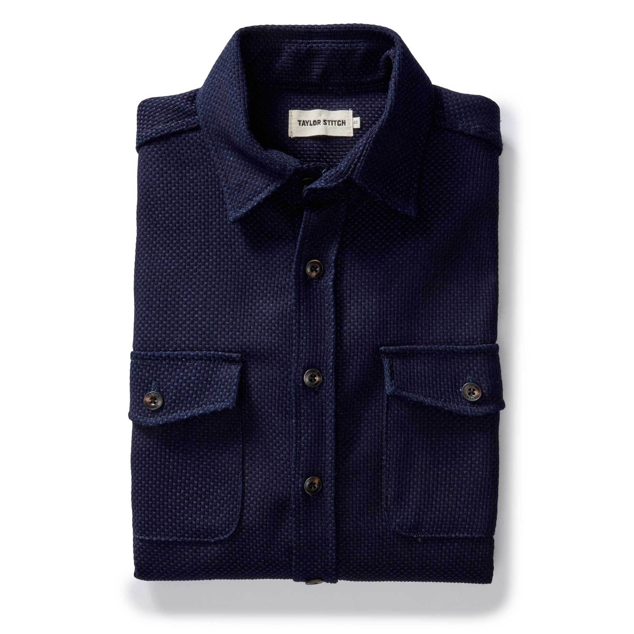 flatlay of the The Mill Shirt Jacket in Rigid Indigo Sashiko folded, Outerwear by Taylor Stitch