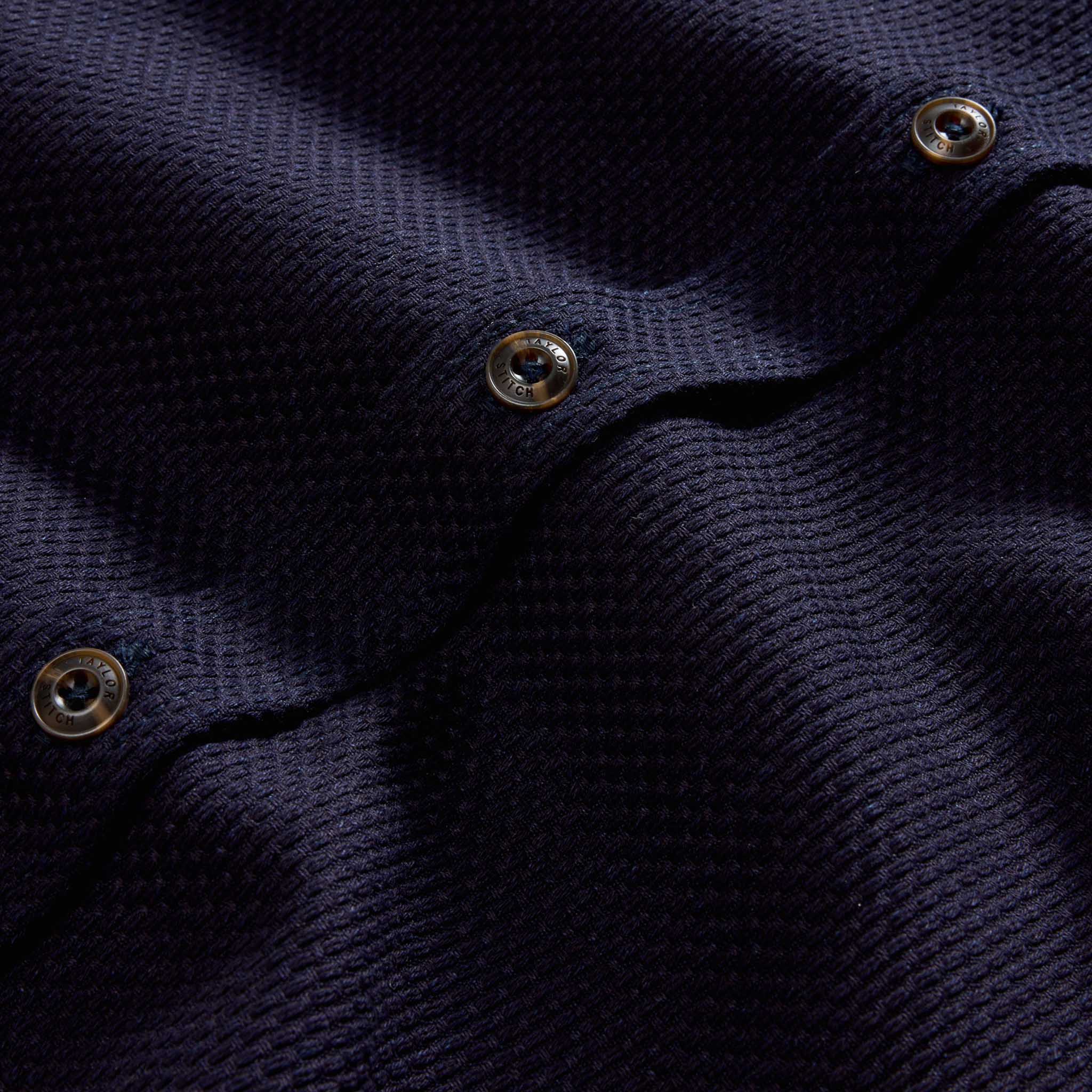 material shot of the buttons on The Mill Shirt Jacket in Rigid Indigo Sashiko, Outerwear by Taylor Stitch