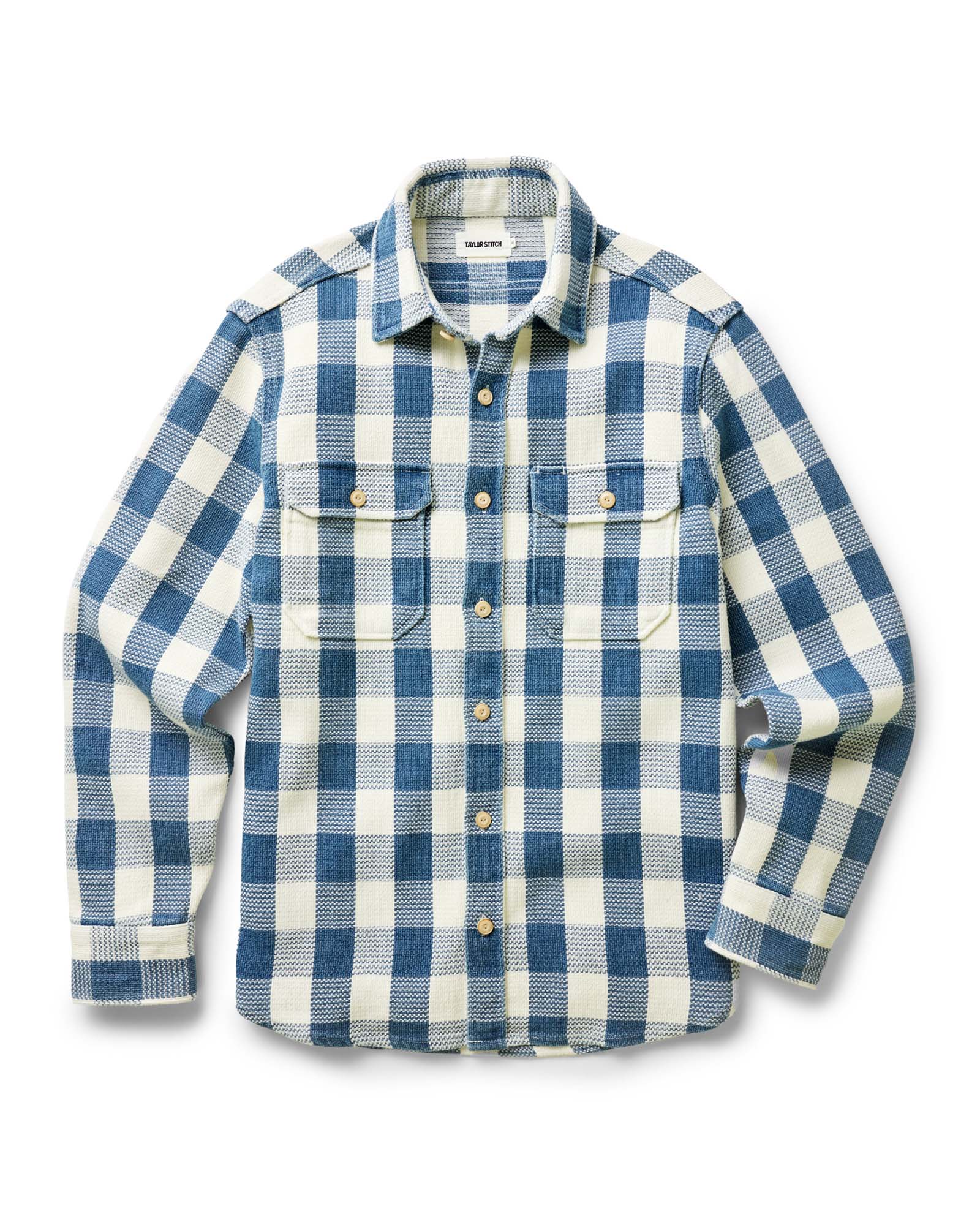 flatlay of The Division Shirt in Washed Indigo Check, Wovens by Taylor Stitch