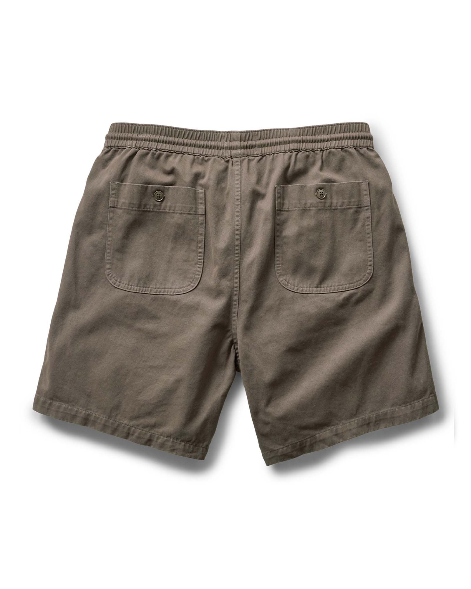 flatlay of the back of The Apres Short in Organic Espresso Foundation Twill, Bottoms by Taylor Stitch