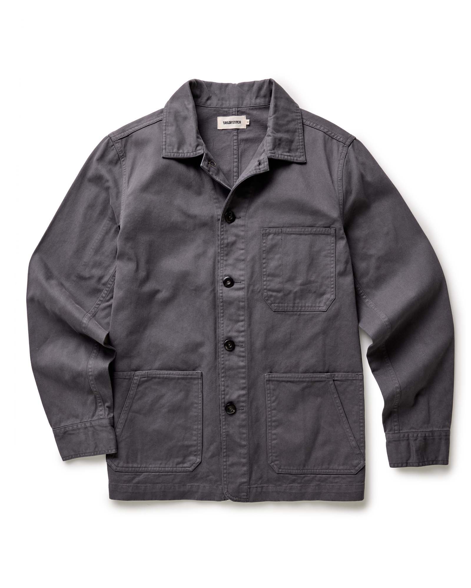 The Ojai Chore Coat in Organic Charcoal Foundation Twill flatlay, Outerwear by Taylor Stitch