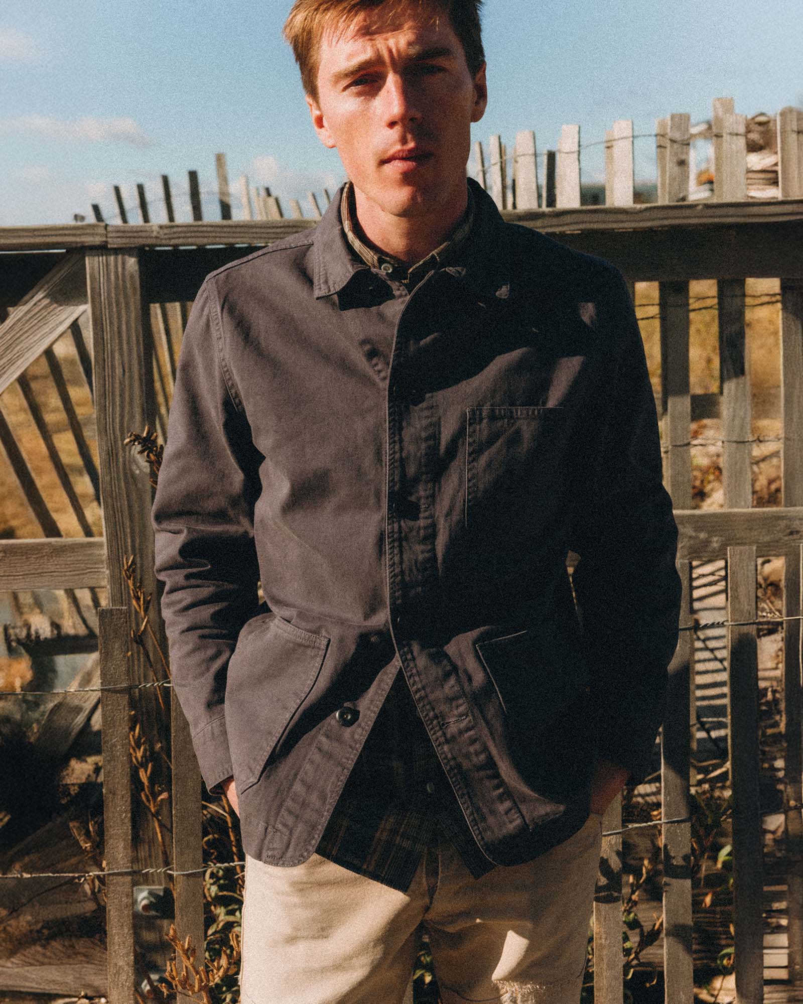 fit model in The Ojai ChoreJacket in Organic Charcoal Foundation Twill, Outerwear by Taylor Stitch