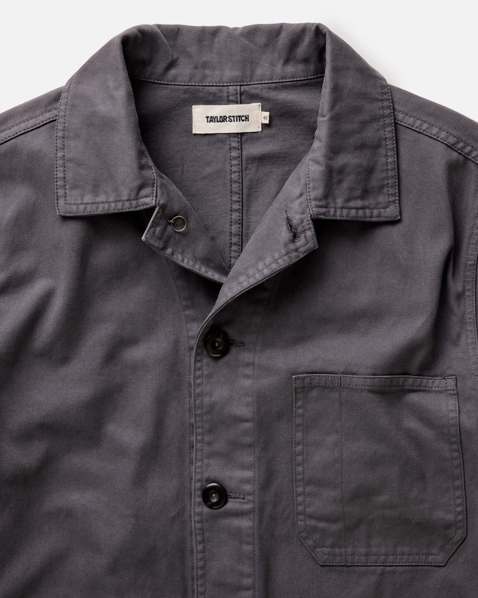 flatlay of The Ojai Jacket in Organic Charcoal Foundation Twill, shown open, Outerwear by Taylor Stitch