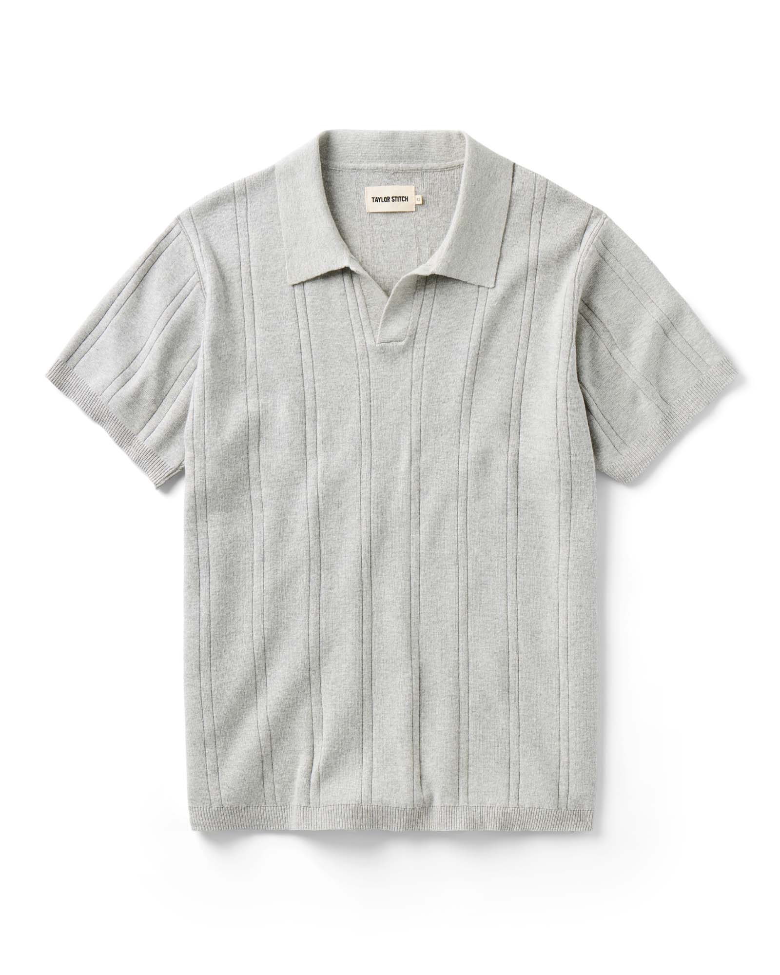 flatlay of The Valencia Sweater Polo in Heather Grey Rib, Knits by Taylor Stitch