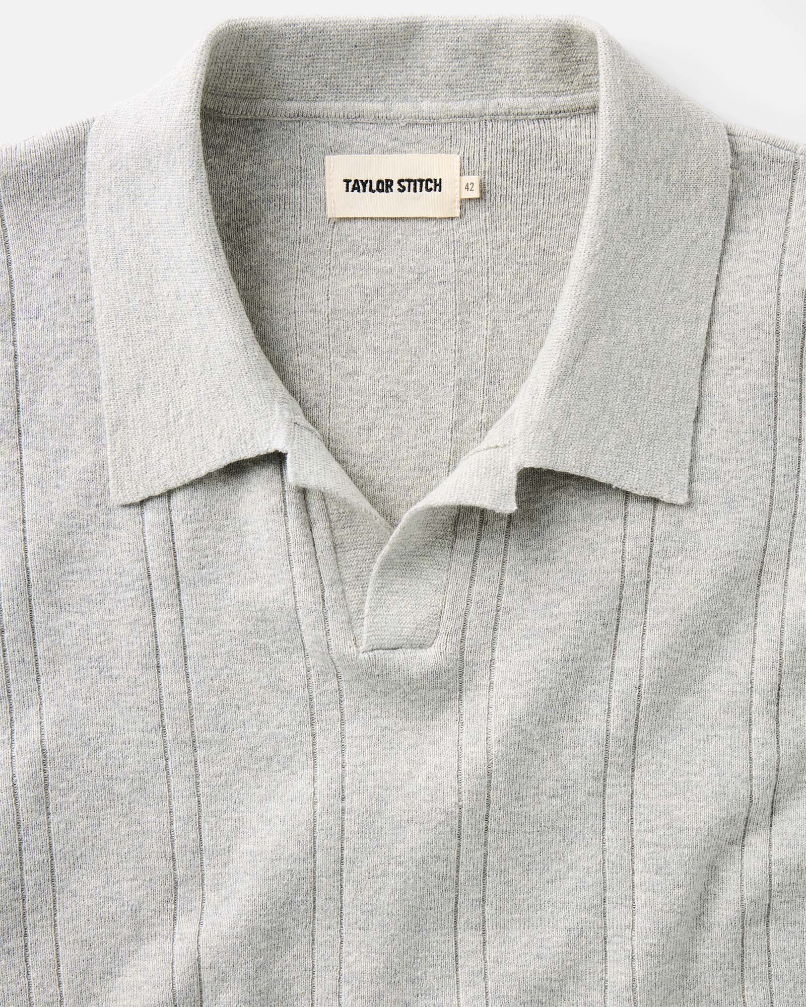 material shot of the collar on The Valencia Sweater Polo in Heather Grey Rib, Knits by Taylor Stitch