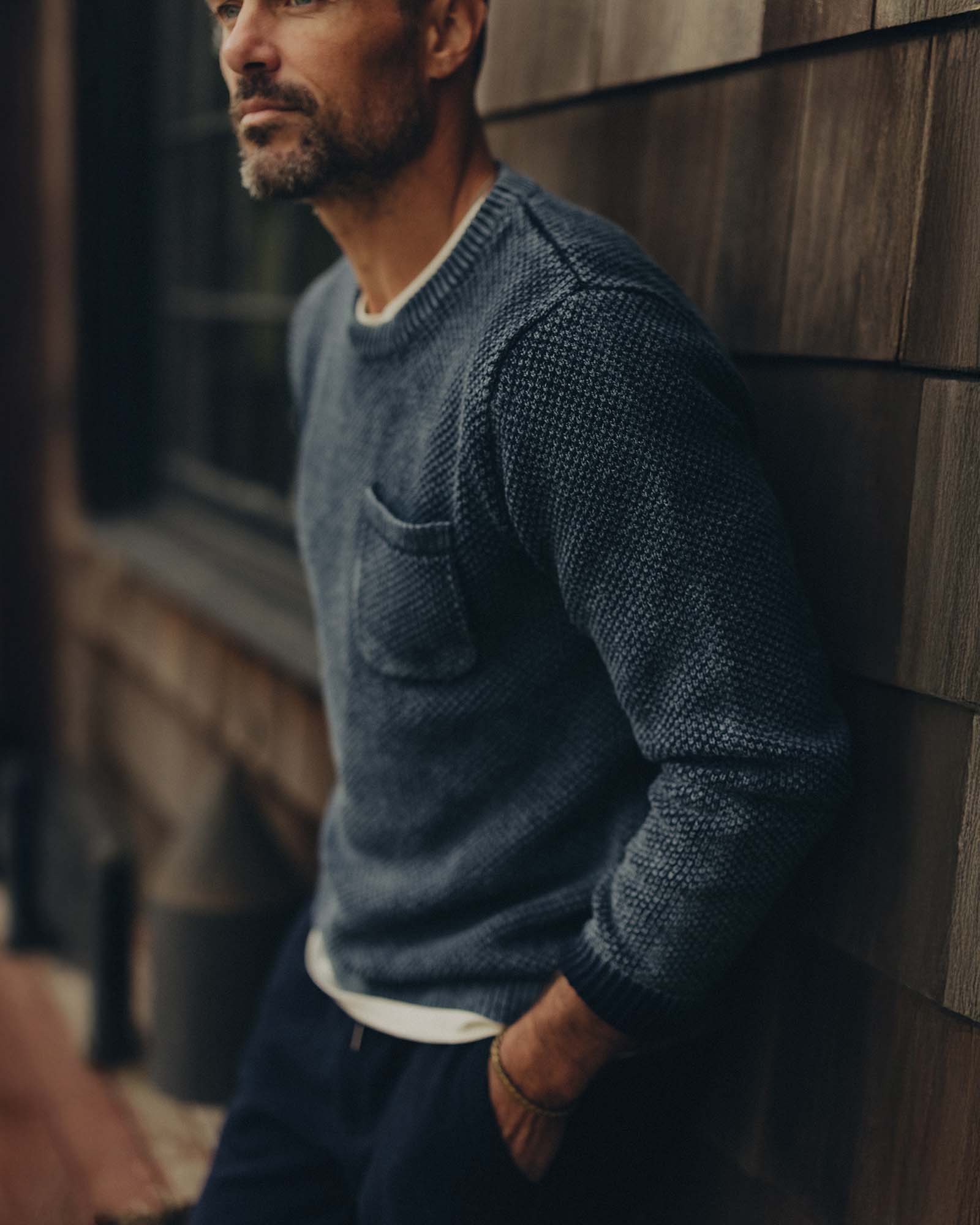 fit model showing off The Crawford Crew Sweater in Washed Indigo, Knits by Taylor Stitch