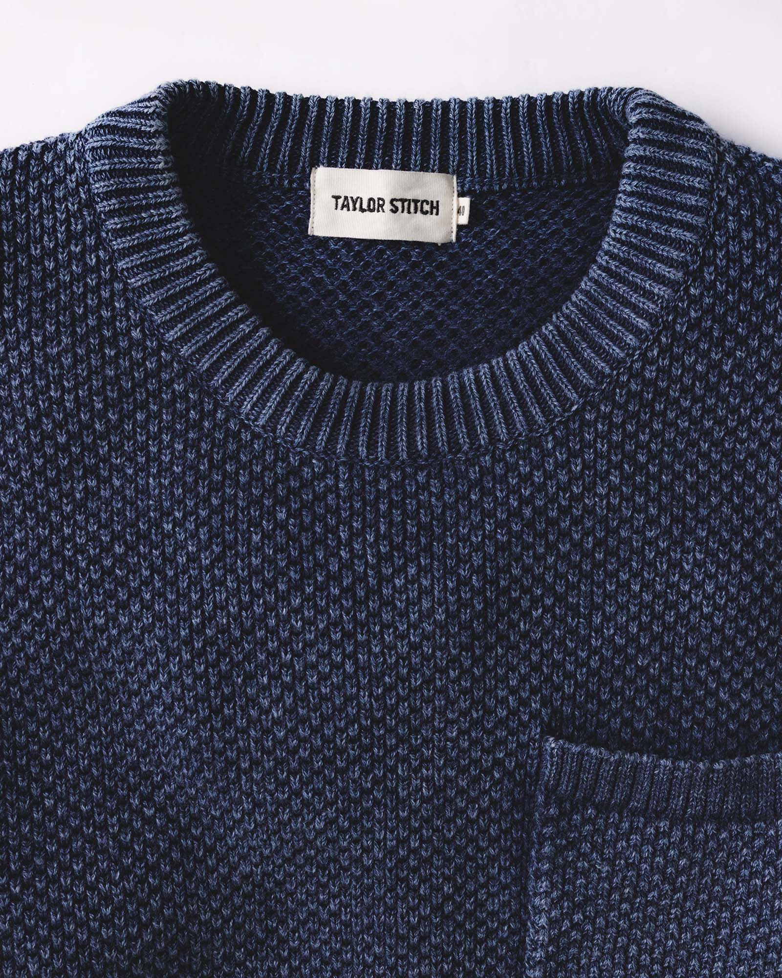 material shot of the collar on The Crawford Crew Sweater in Washed Indigo, Knits by Taylor Stitch