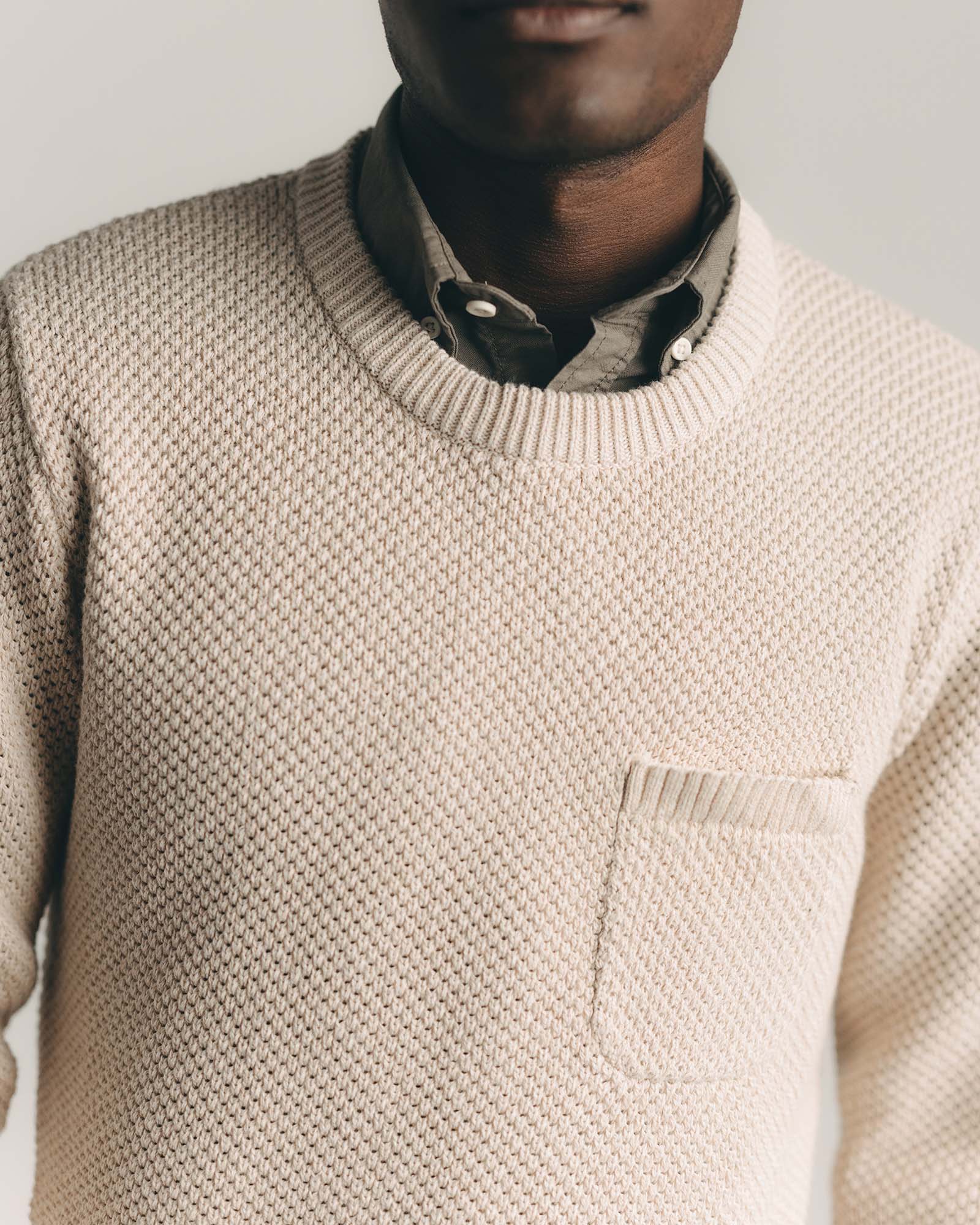 fit model showing off The Crawford Crew Sweater in Marled Natural, Knits by Taylor Stitch