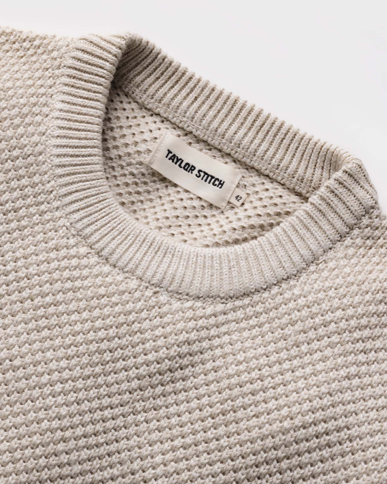 material shot of the collar on The Crawford Crew Sweater in Marled Natural, Knits by Taylor Stitch
