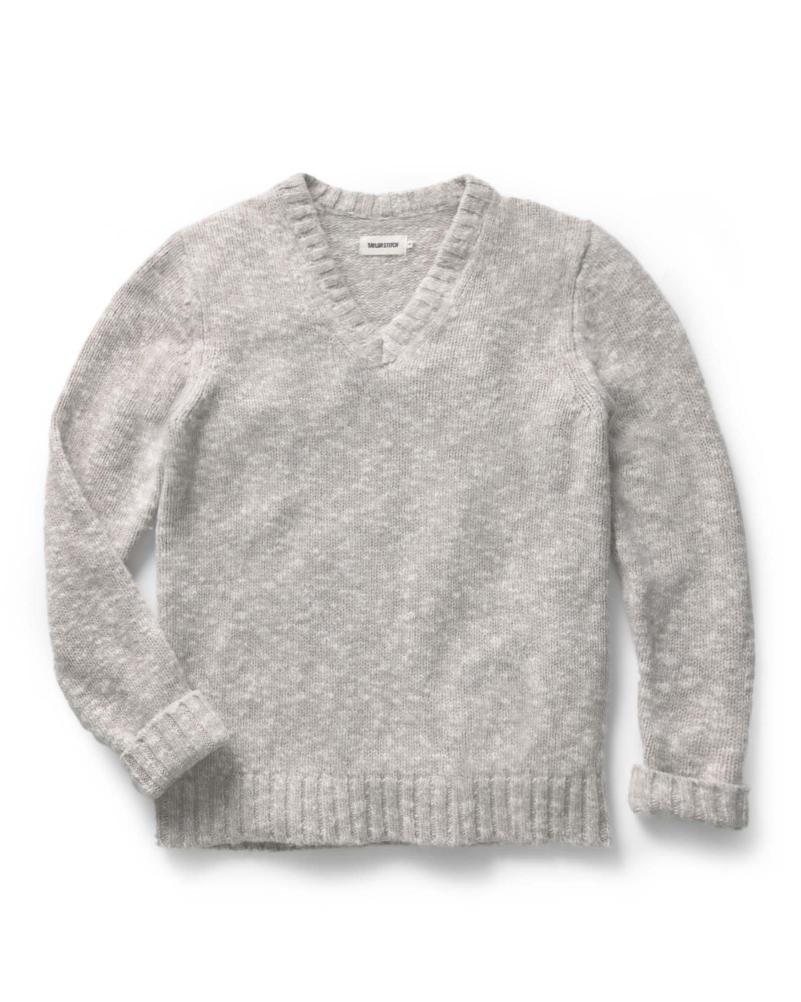 flatlay of The Match V-Neck Sweater in Sable Merino Slub, Knits by Taylor Stitch