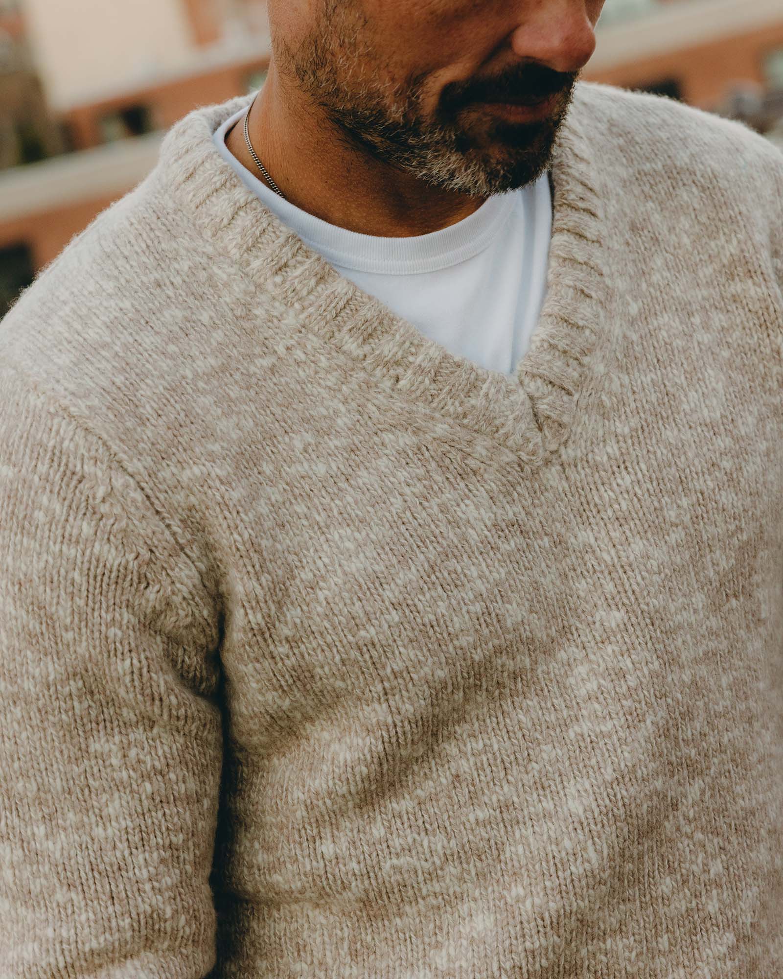 fit model showing offThe Match V-Neck Sweater in Sable Merino Slub, Knits by Taylor Stitch
