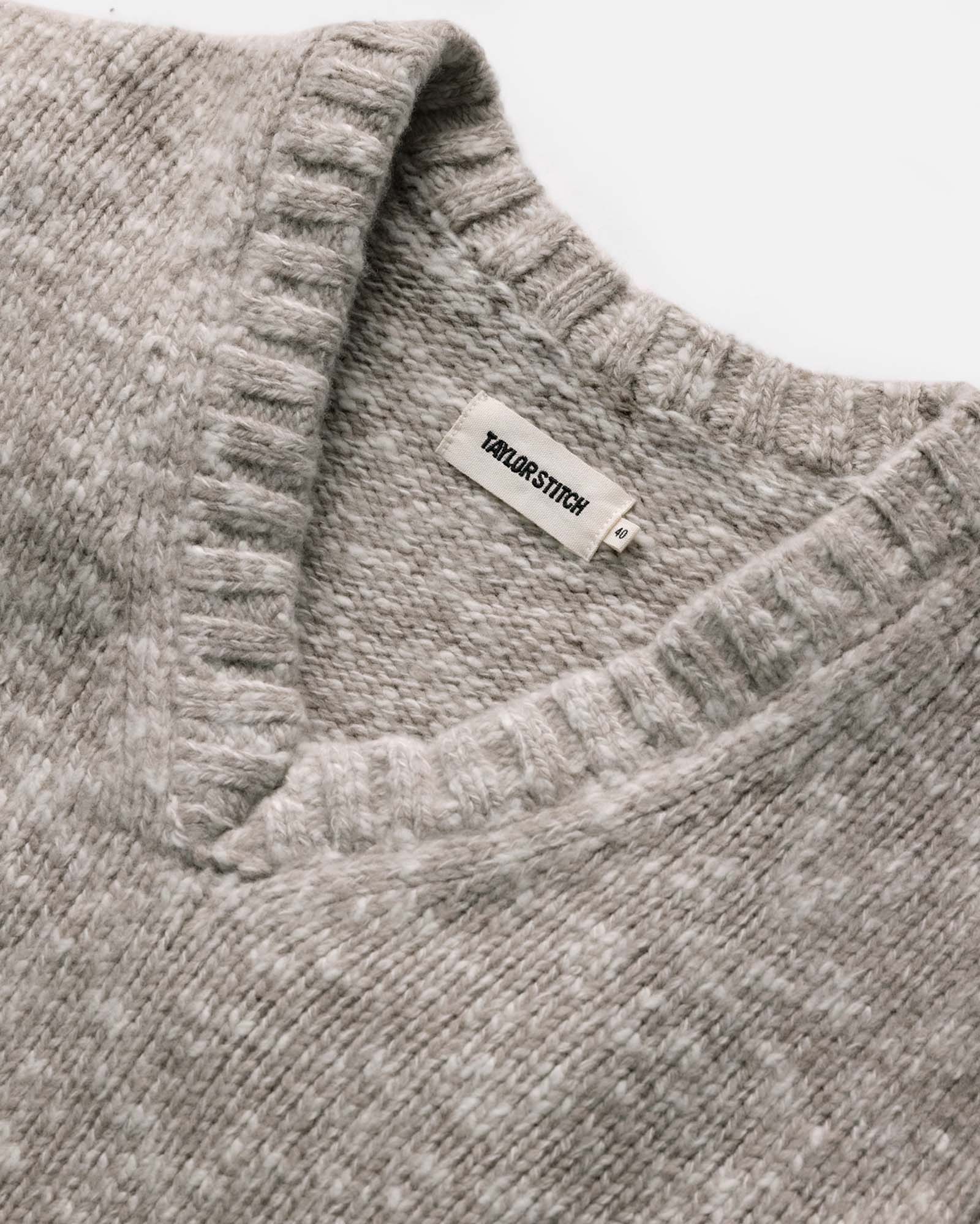 material shot of the collar on The Match V-Neck Sweater in Sable Merino Slub, Knits by Taylor Stitch