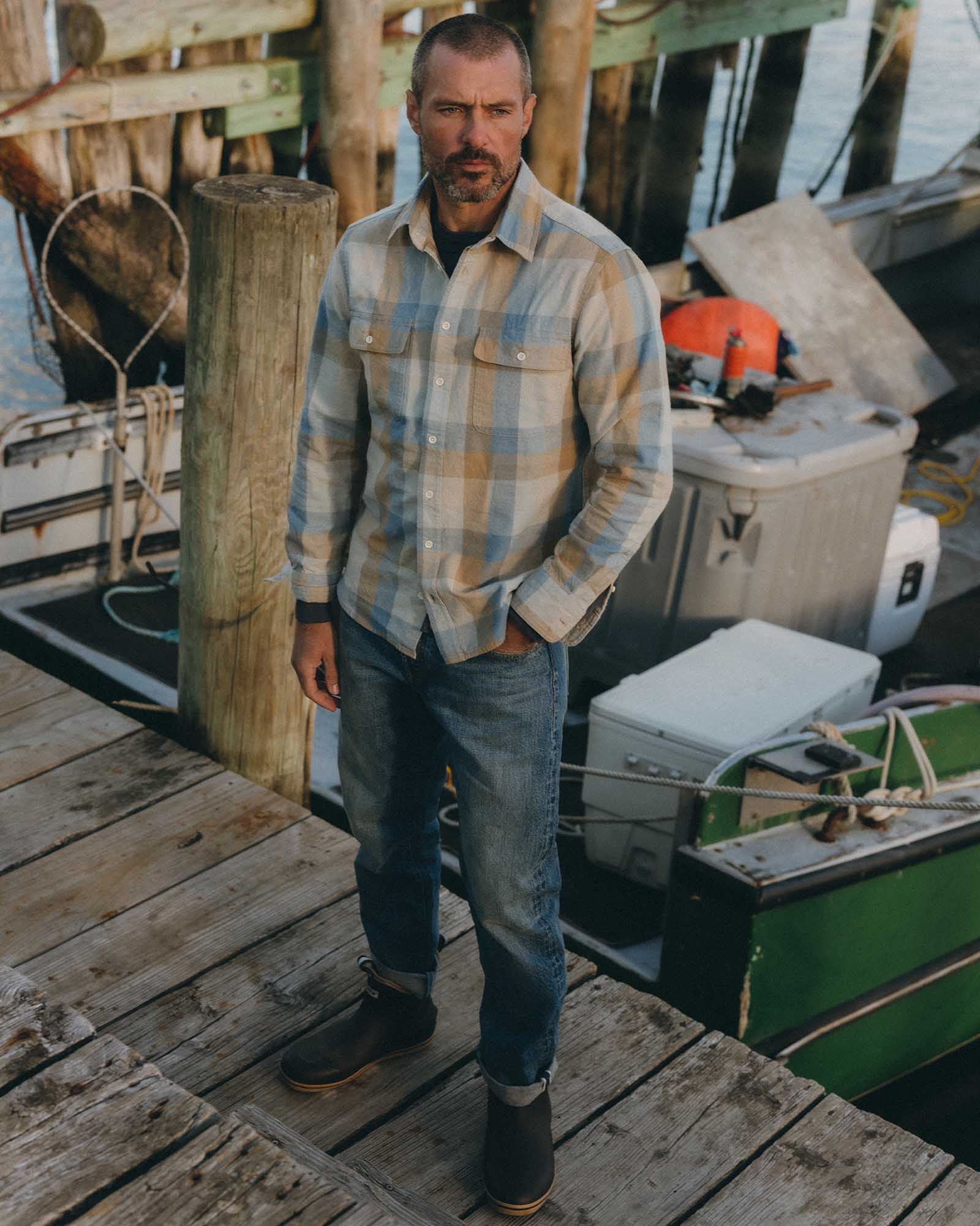 fit model showing off The Craftsman Shirt in Blue Sky Check, Wovens by Taylor Stitch