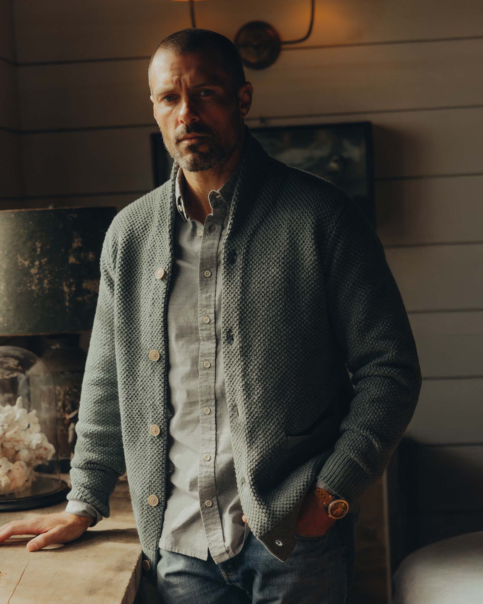 fit model showing off The Crawford Sweater in Deep Sea Twist, Knits by Taylor Stitch