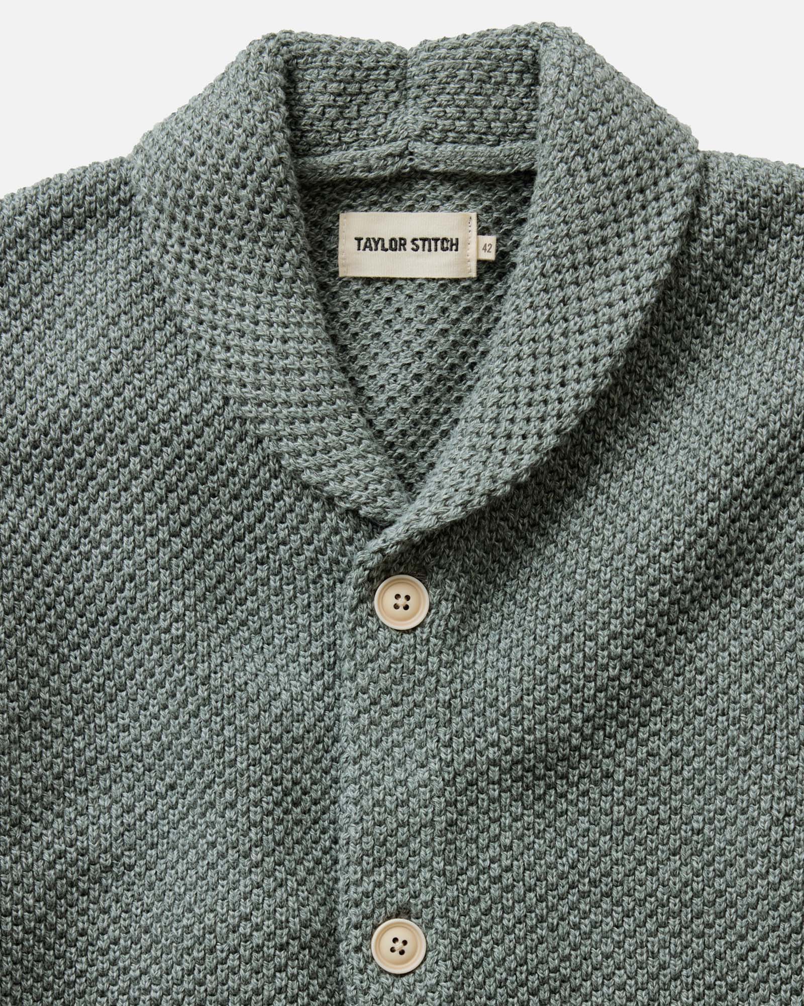 material shot of the collar on The Crawford Sweater in Deep Sea Twist, Knits by Taylor Stitch