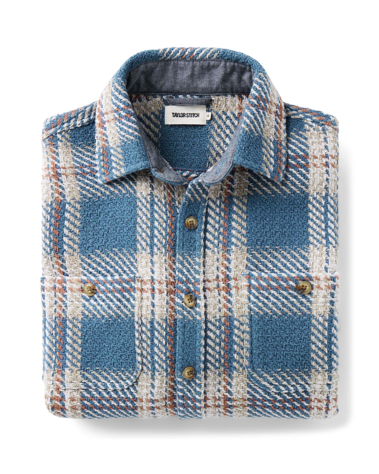 folded flatlay of The Cutter Overshirt in Ocean Plaid, Wovens by Taylor Stitch