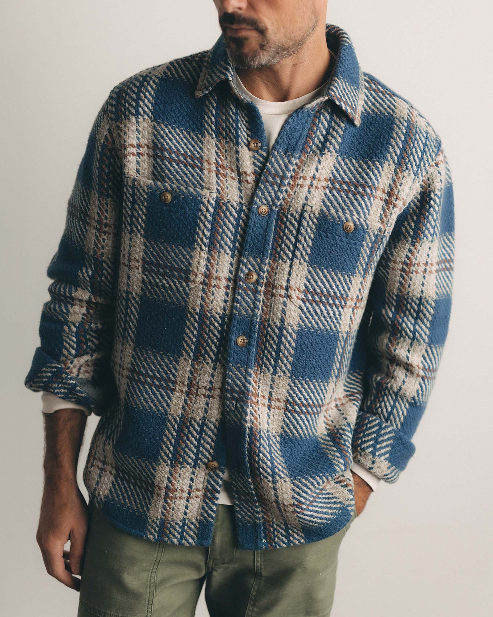 fit model showing off The Cutter Overshirt in Ocean Plaid, Wovens by Taylor Stitch