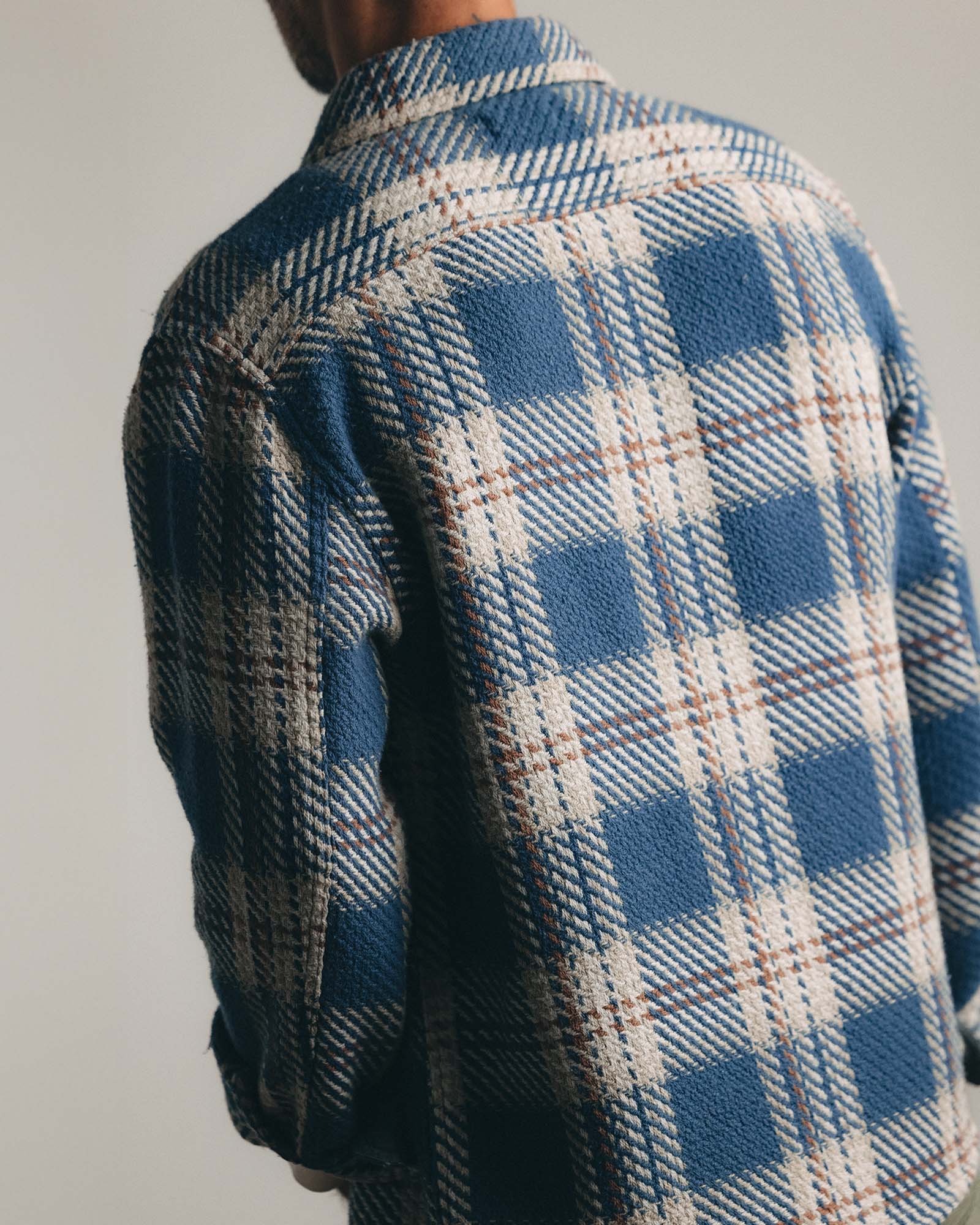fit model showing off the back of The Cutter Overshirt in Ocean Plaid, Wovens by Taylor Stitch