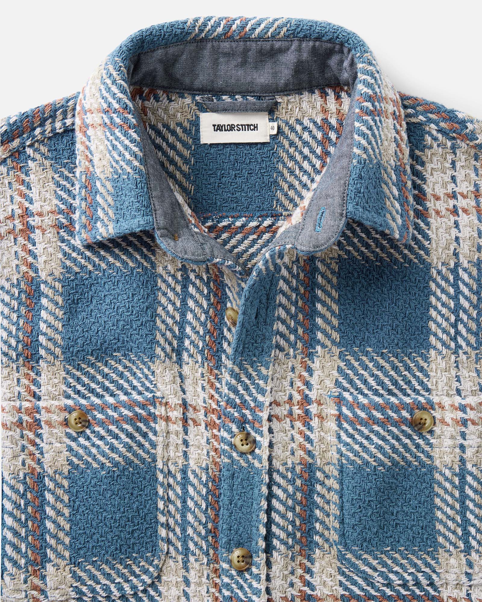 material shot of the collar on The Cutter Overshirt in Ocean Plaid, Wovens by Taylor Stitch