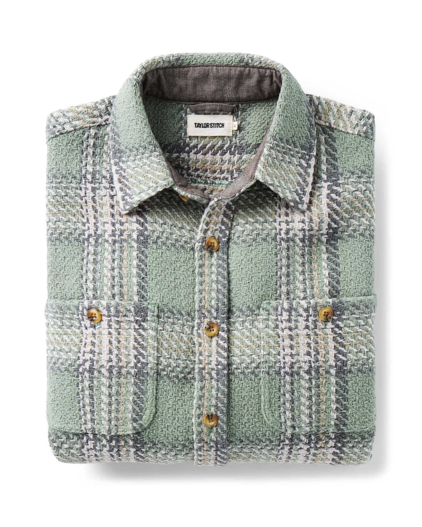 folded flatlay of The Cutter Overshirt in Sage Plaid, Wovens by Taylor Stitch