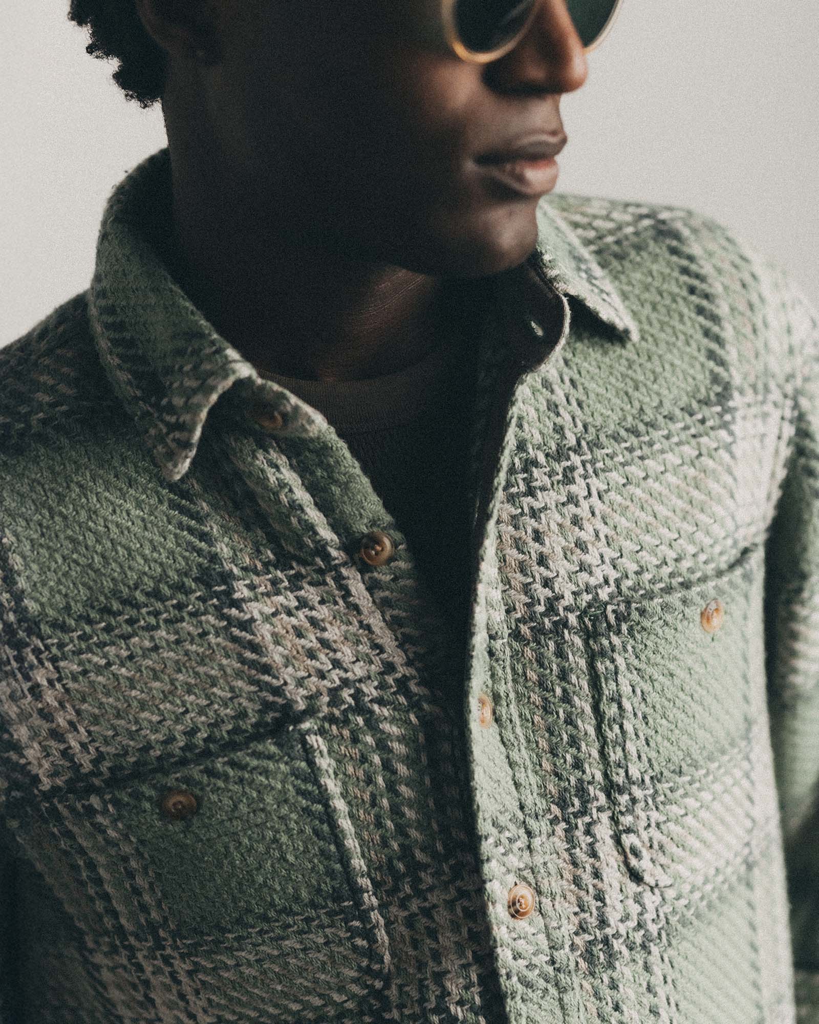 fit model showing off the collar on The Cutter Overshirt in Sage Plaid, Wovens by Taylor Stitch