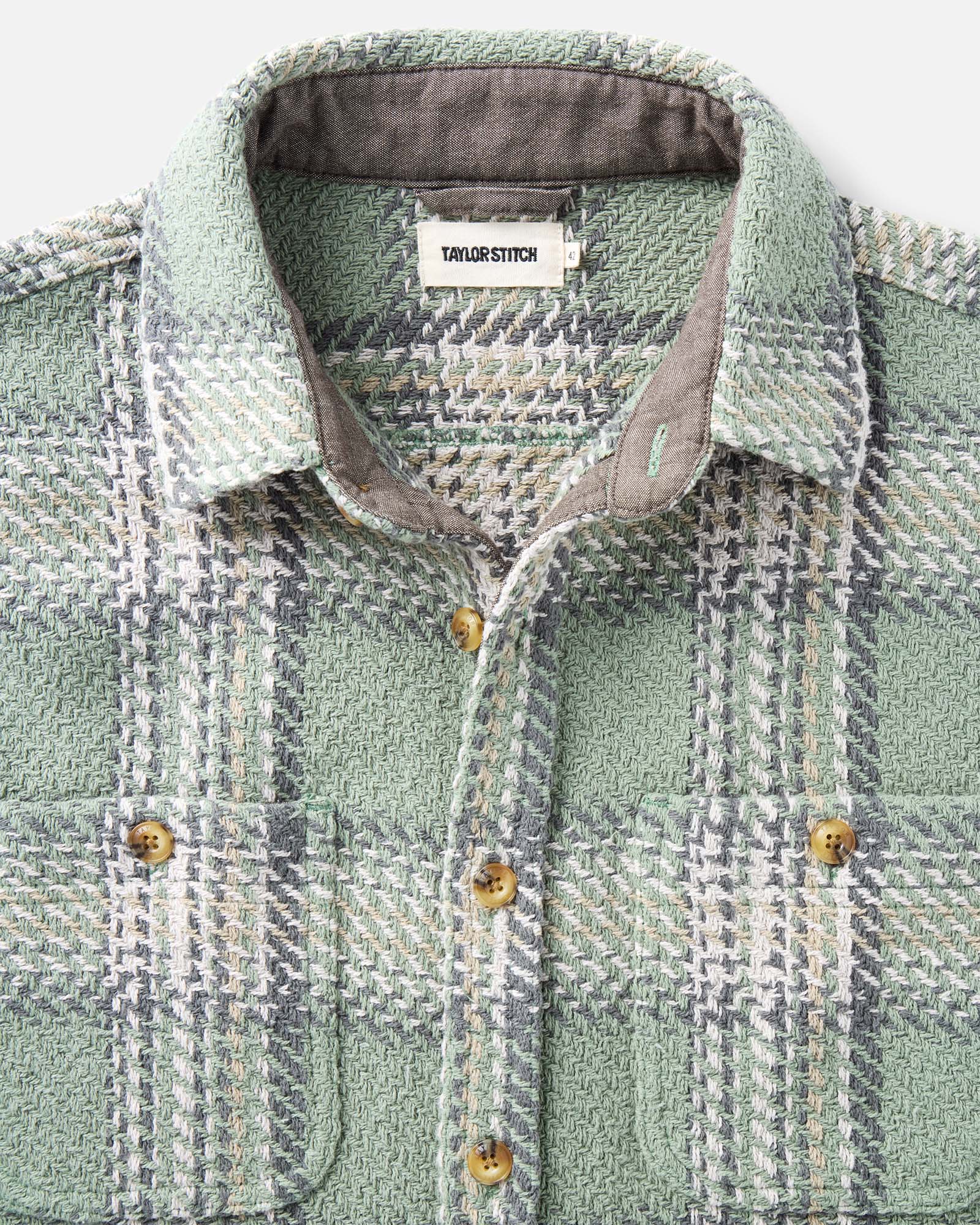 material shot of the collar on The Cutter Overshirt in Sage Plaid, Wovens by Taylor Stitch