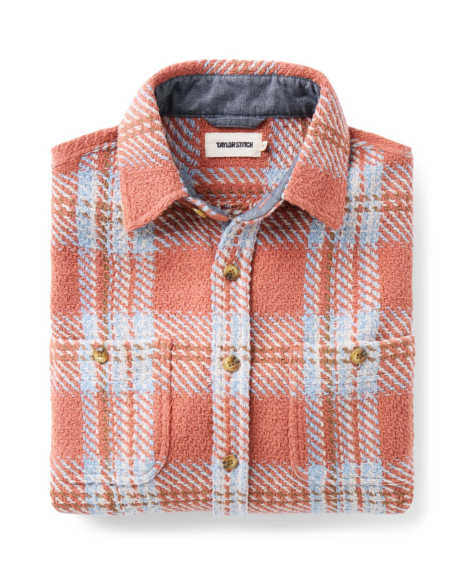 folded flatlay of The Cutter Overshirt in Salmon Plaid, Wovens by Taylor Stitch