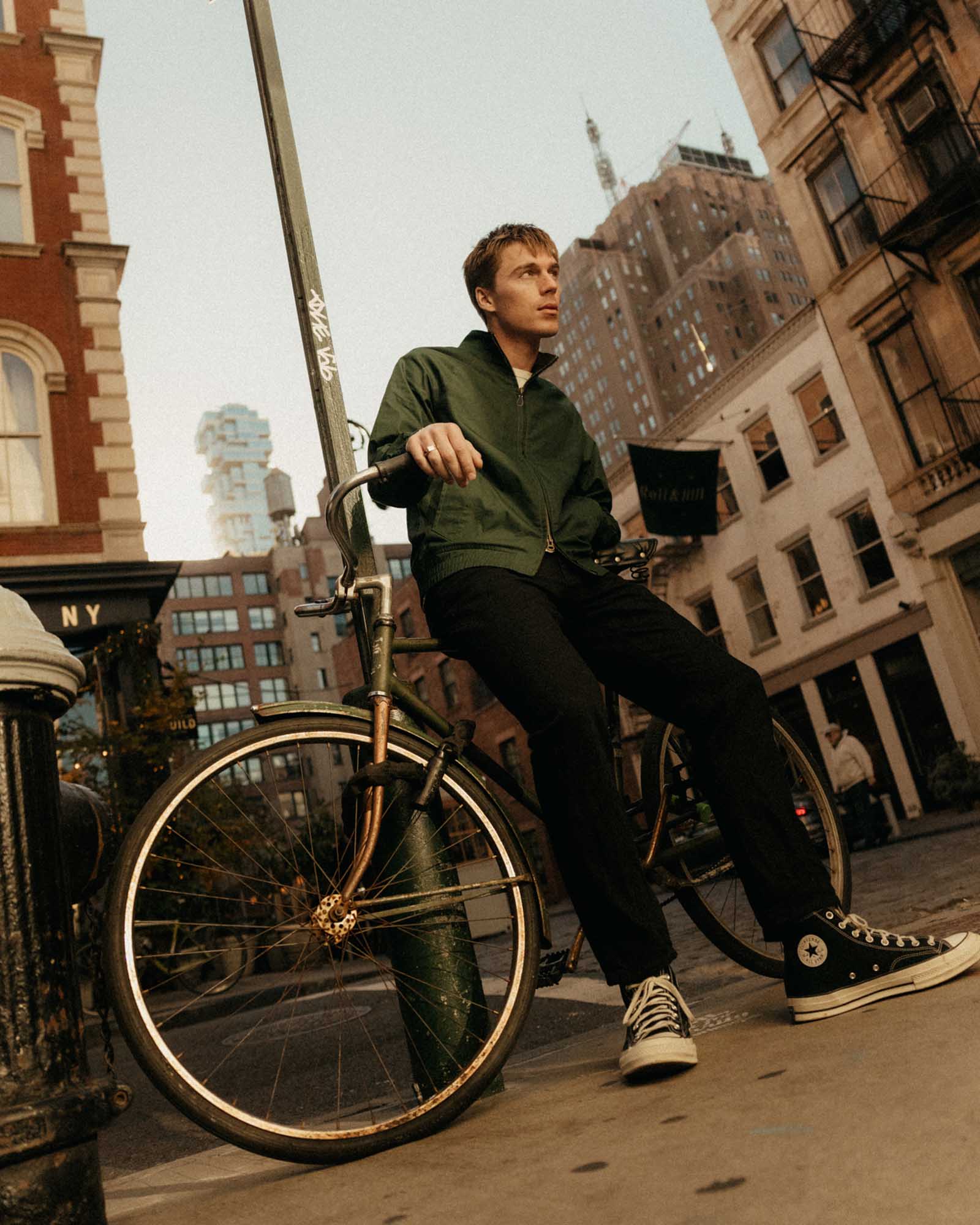 fit model posing in The Dean Jacket in Dark Spruce Twill, Outerwear by Taylor Stitch