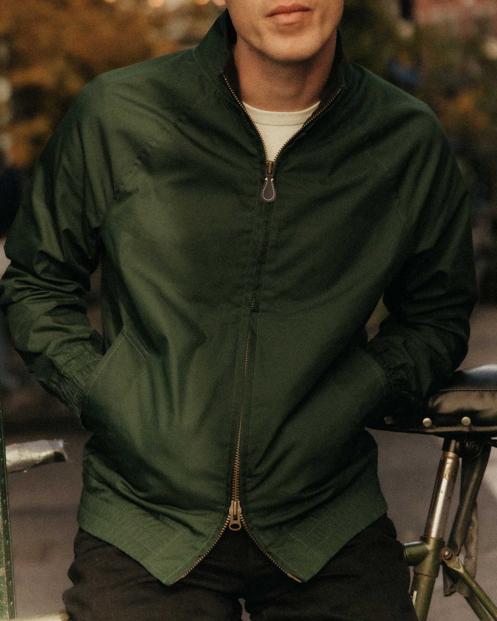 fit model showing off The Dean Jacket in Dark Spruce Twill, Outerwear by Taylor Stitch
