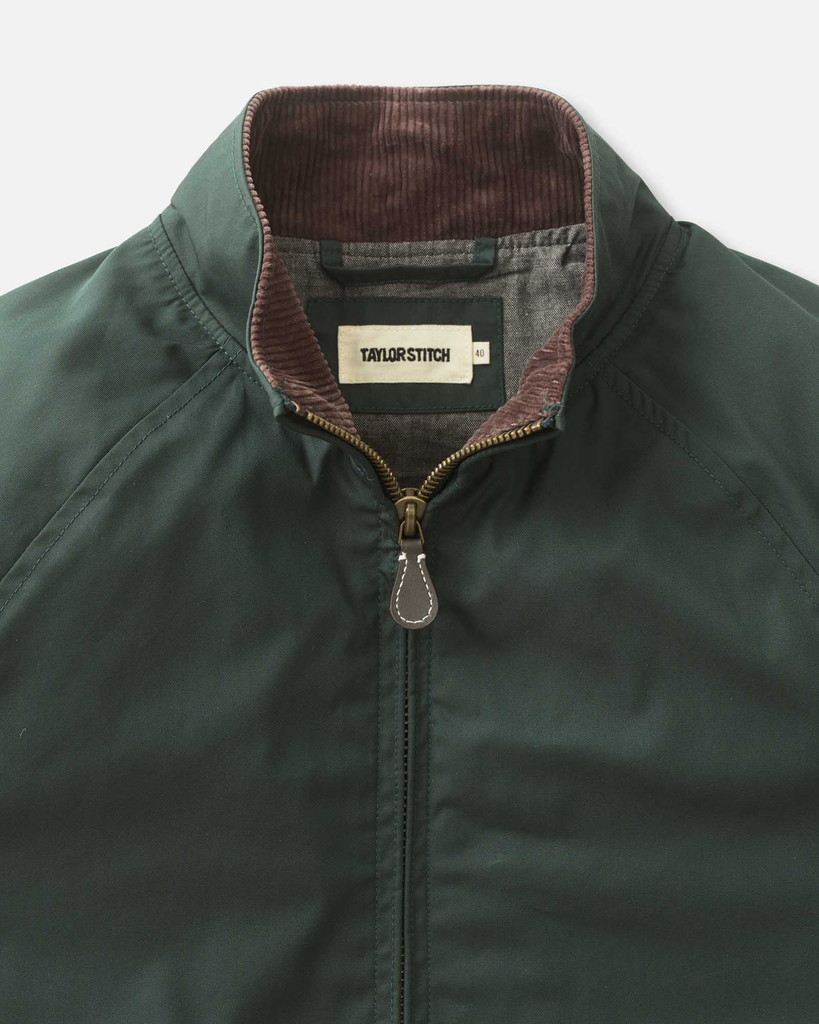 material shot of the collar on The Dean Jacket in Dark Spruce Twill, Outerwear by Taylor Stitch