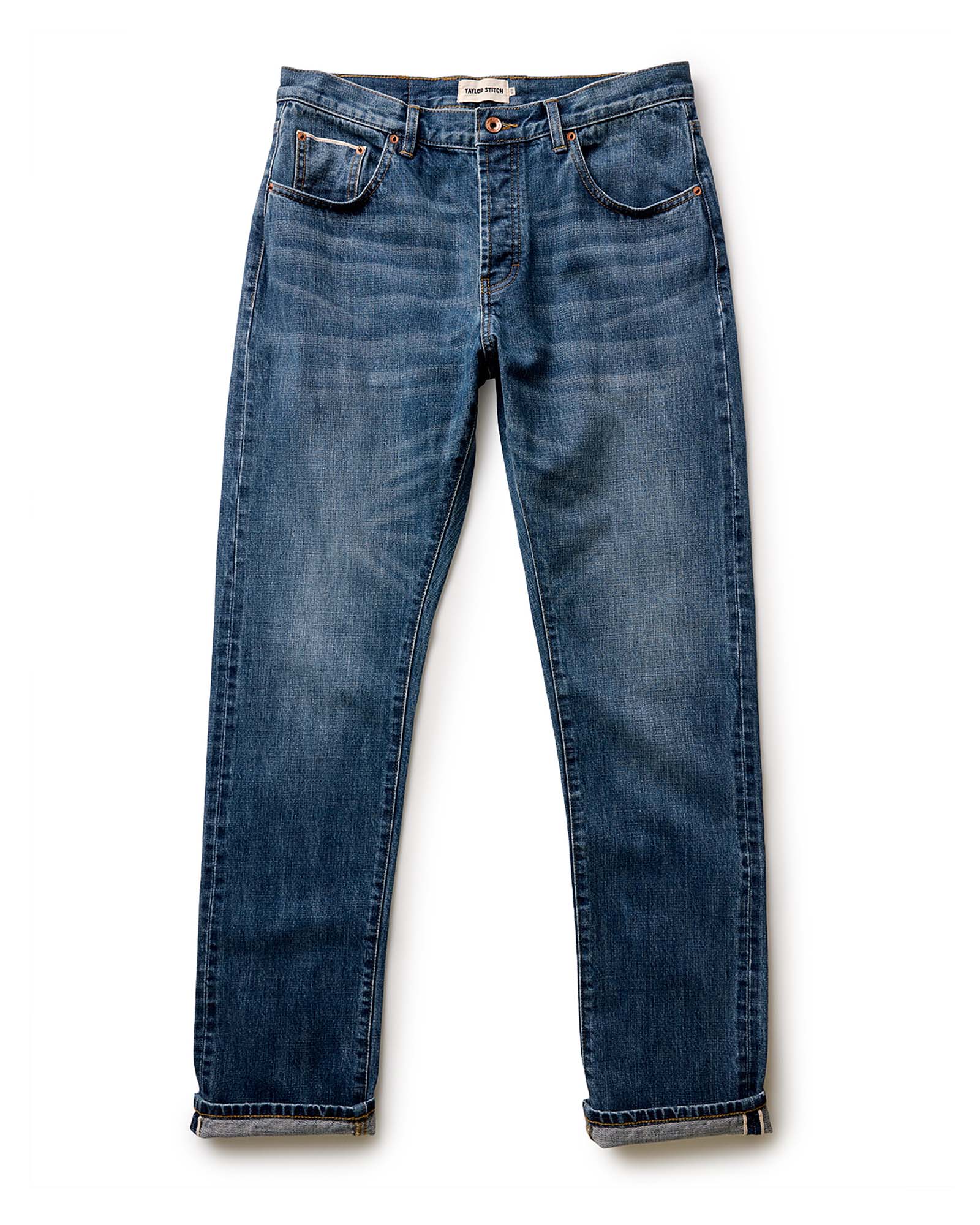 material shot of the collar on The Democratic Jean in Mid Wash Organic Selvedge, Bottoms by Taylor Stitch